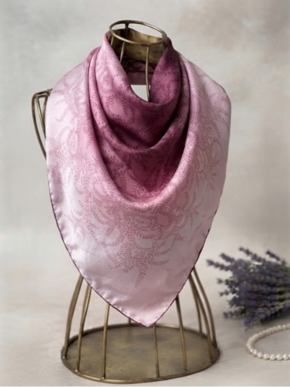Vintage Mauve Pink Leaf Print Silk Scarf Square Hand Rolled Hem
